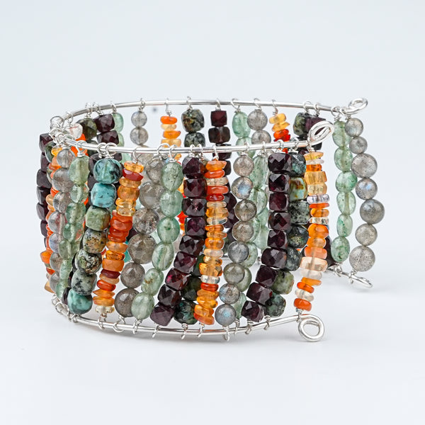 Multicolour Semi-Precious Stone Silver Bracelet (Project Handmade)