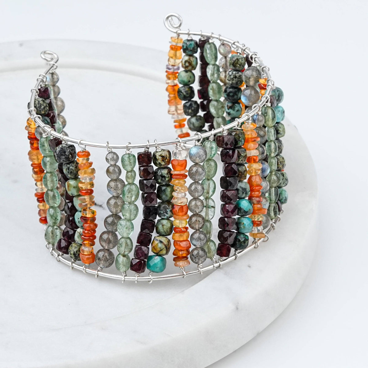 Close-up of a Multicolored Semi-Precious Stone Silver Bracelet showcasing vibrant natural gemstones and intricate handmade silver craftsmanship
