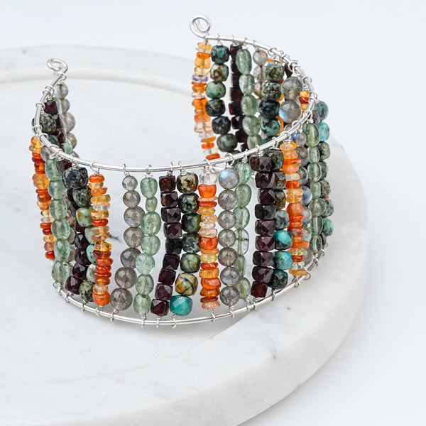 Close-up of a Multicolored Semi-Precious Stone Silver Bracelet showcasing vibrant natural gemstones and intricate handmade silver craftsmanship