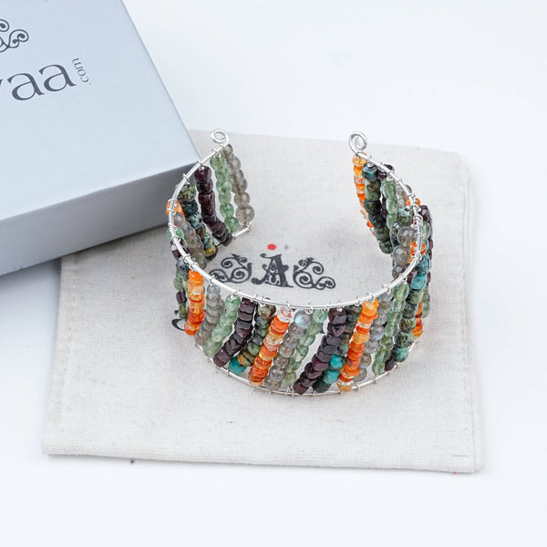 Detailed view of Multicolour Semi-Precious Stone Silver Bracelet highlighting colourful gemstones, handcrafted silverwork, and polished finish