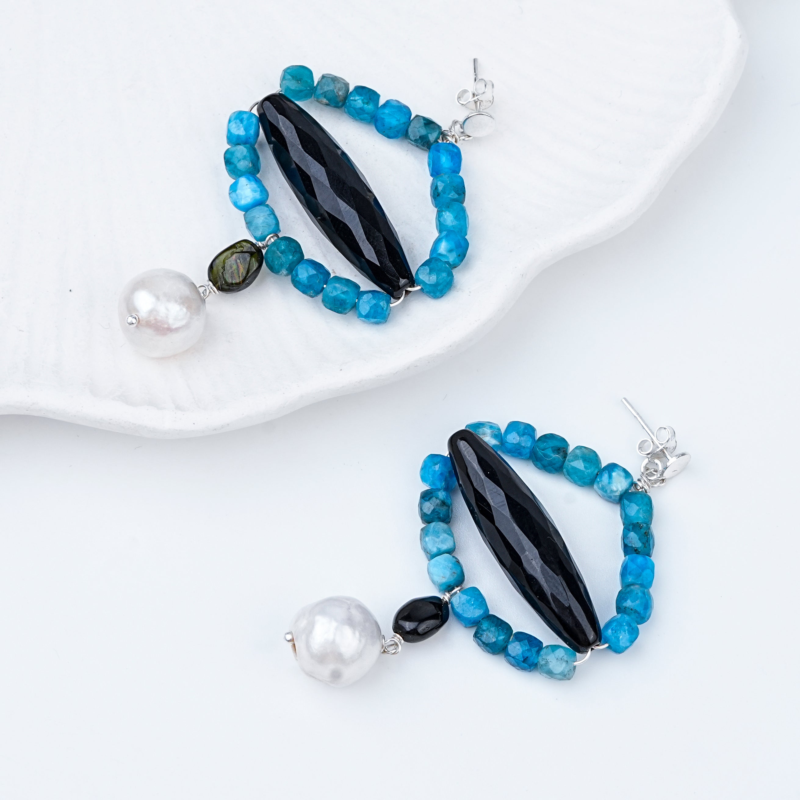 Black Spinel, Blue Jade & Pearl Silver Earrings (Project Handmade)