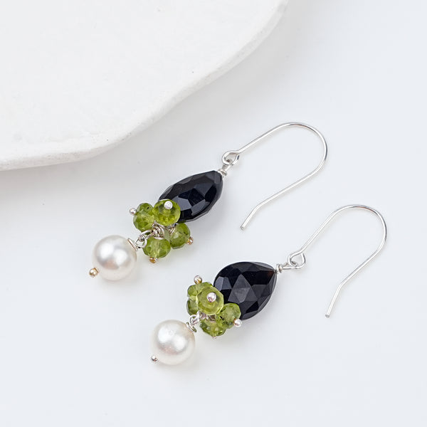 Black Spinel Drop, Peridot & Pearl Silver Earrings (Project Handmade)