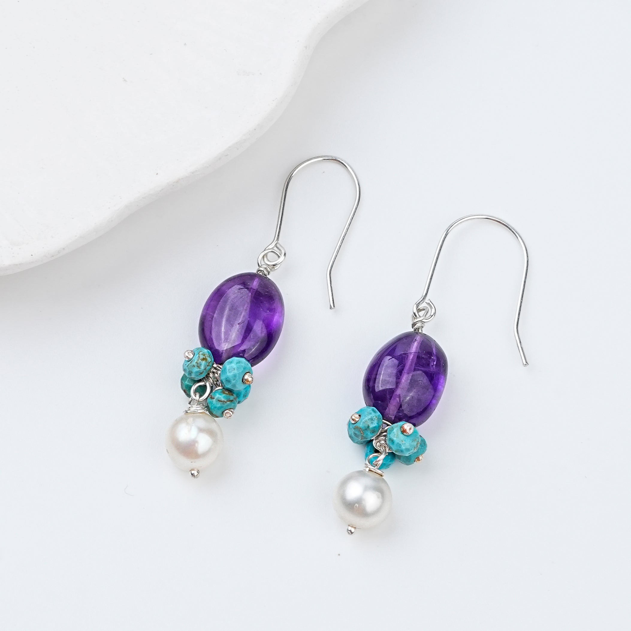 Amethyst, Turquoise Bunch & Pearl Silver Earrings (Project Handmade)