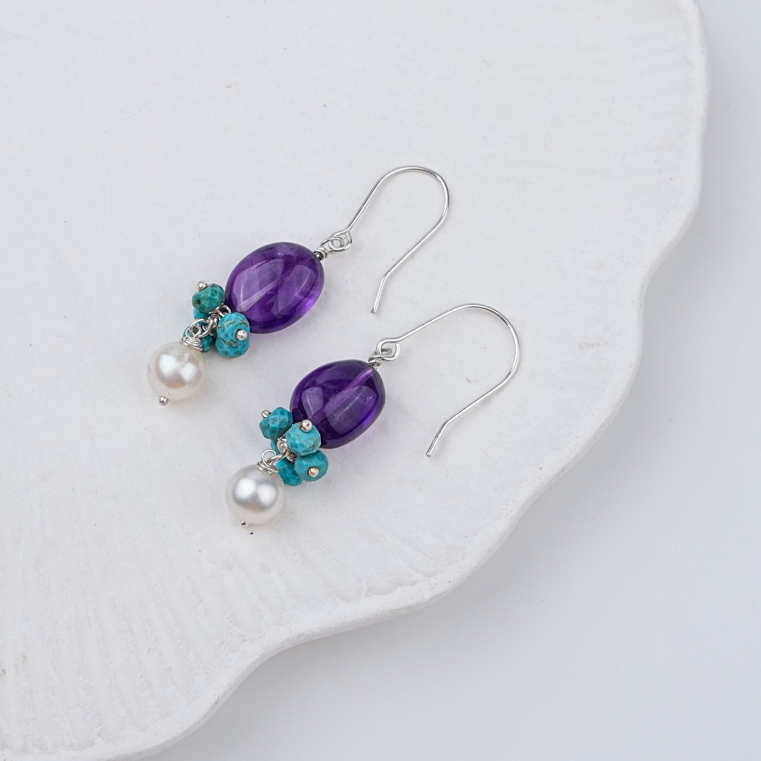 Amethyst, Turquoise Bunch & Pearl Silver Earrings (Project Handmade)