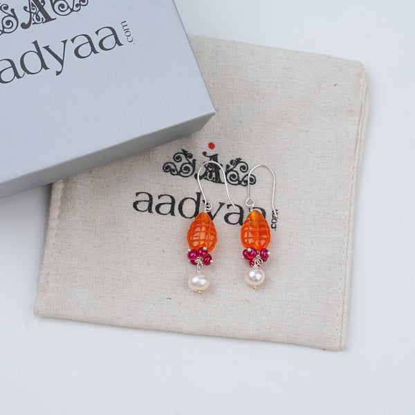 Carnelian Drop, Rubies & Pearl Silver Earrings (Project Handmade)
