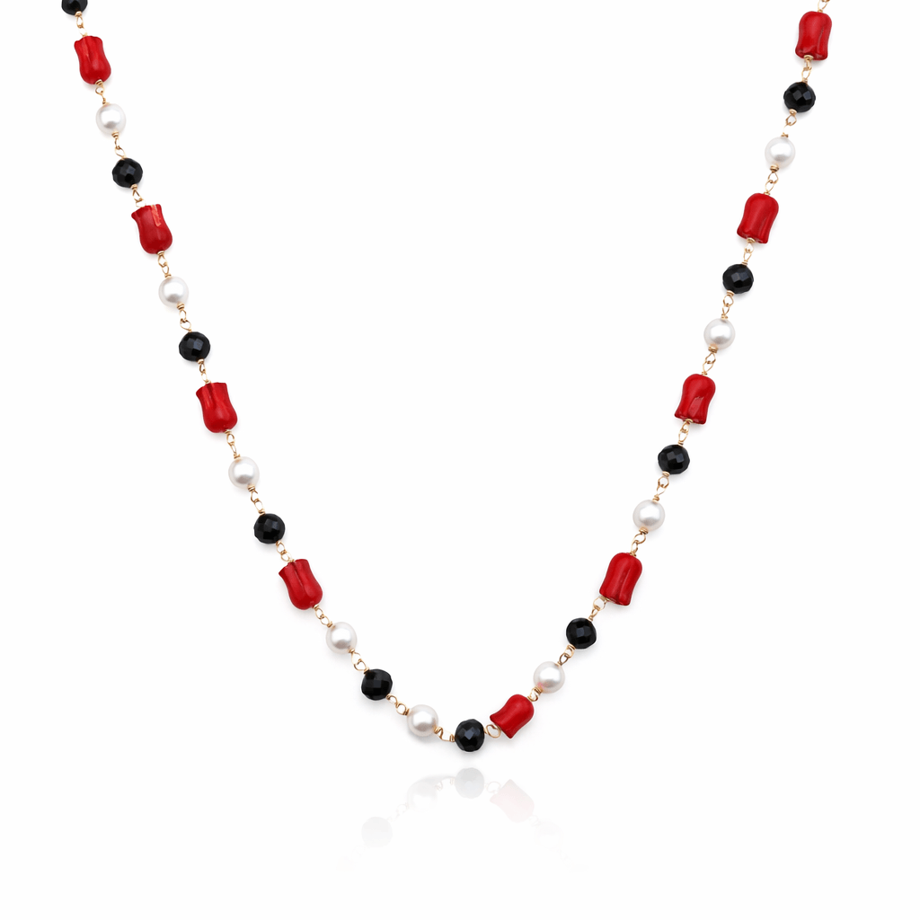 Necklace with coral, pearl, and black spinel beads on gold chain