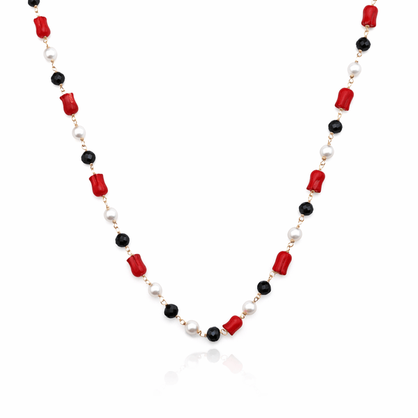 Necklace with coral, pearl, and black spinel beads on gold chain