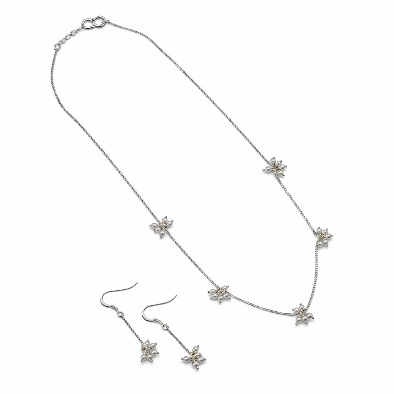 Silver pearl jewelry set with necklace and earrings