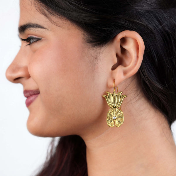 Lotus & Leaf Silver Earrings | 22K Gold-Plated