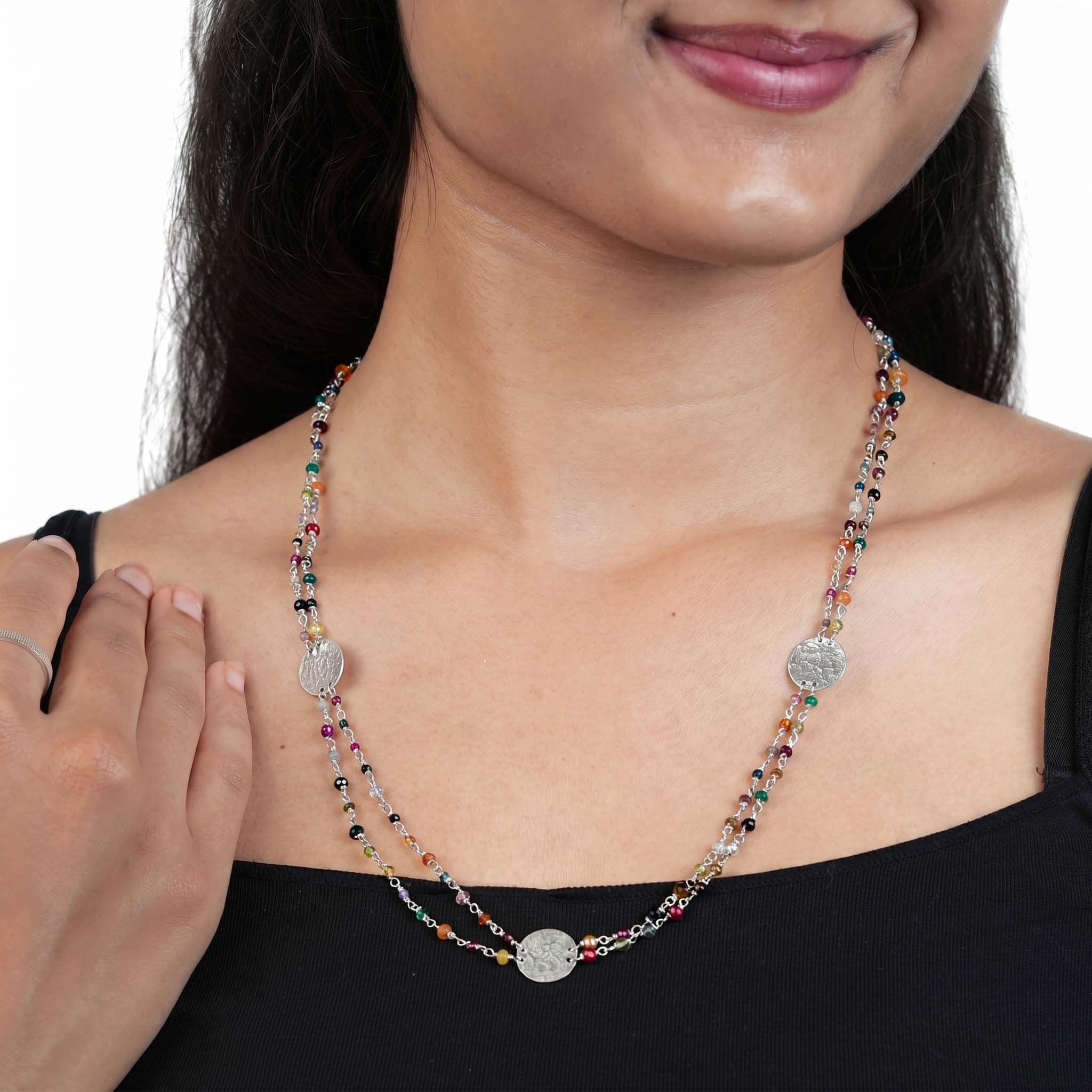 Coin Necklace with Multicolour Semi-Precious Stones – Short