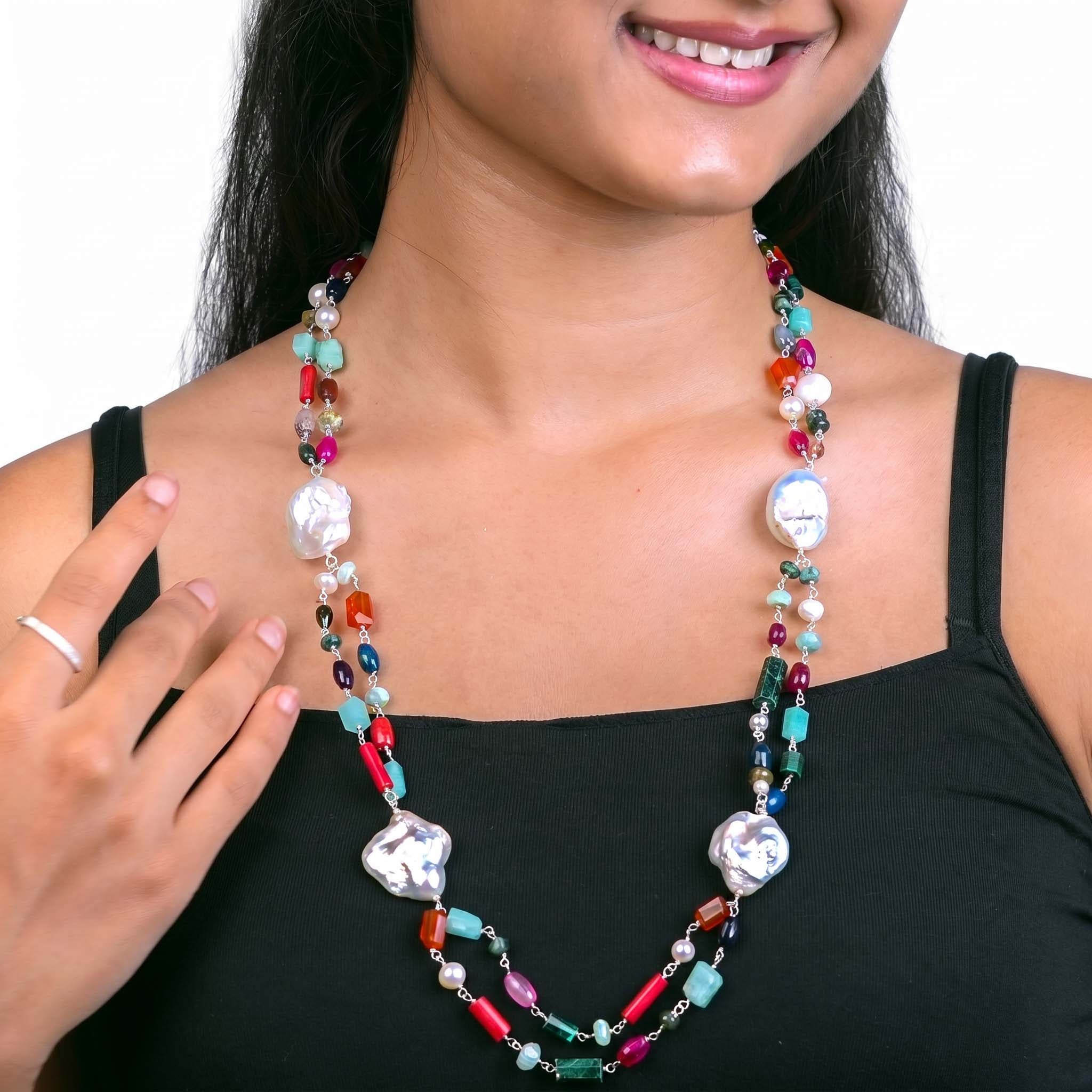 Double Layered Multicolour Necklace with Baroque Pearls
