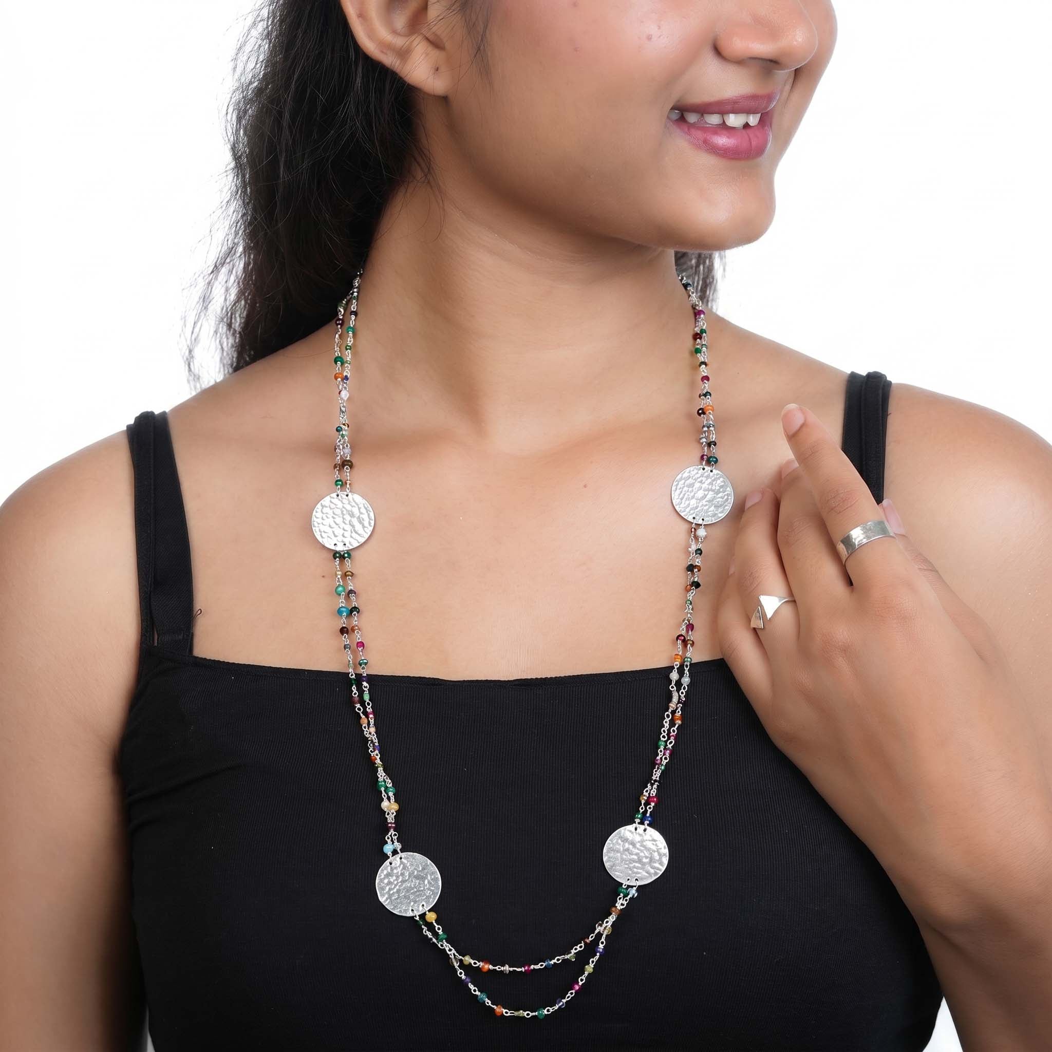 Coin Necklace with Multicolour Semi-Precious Stones – Long