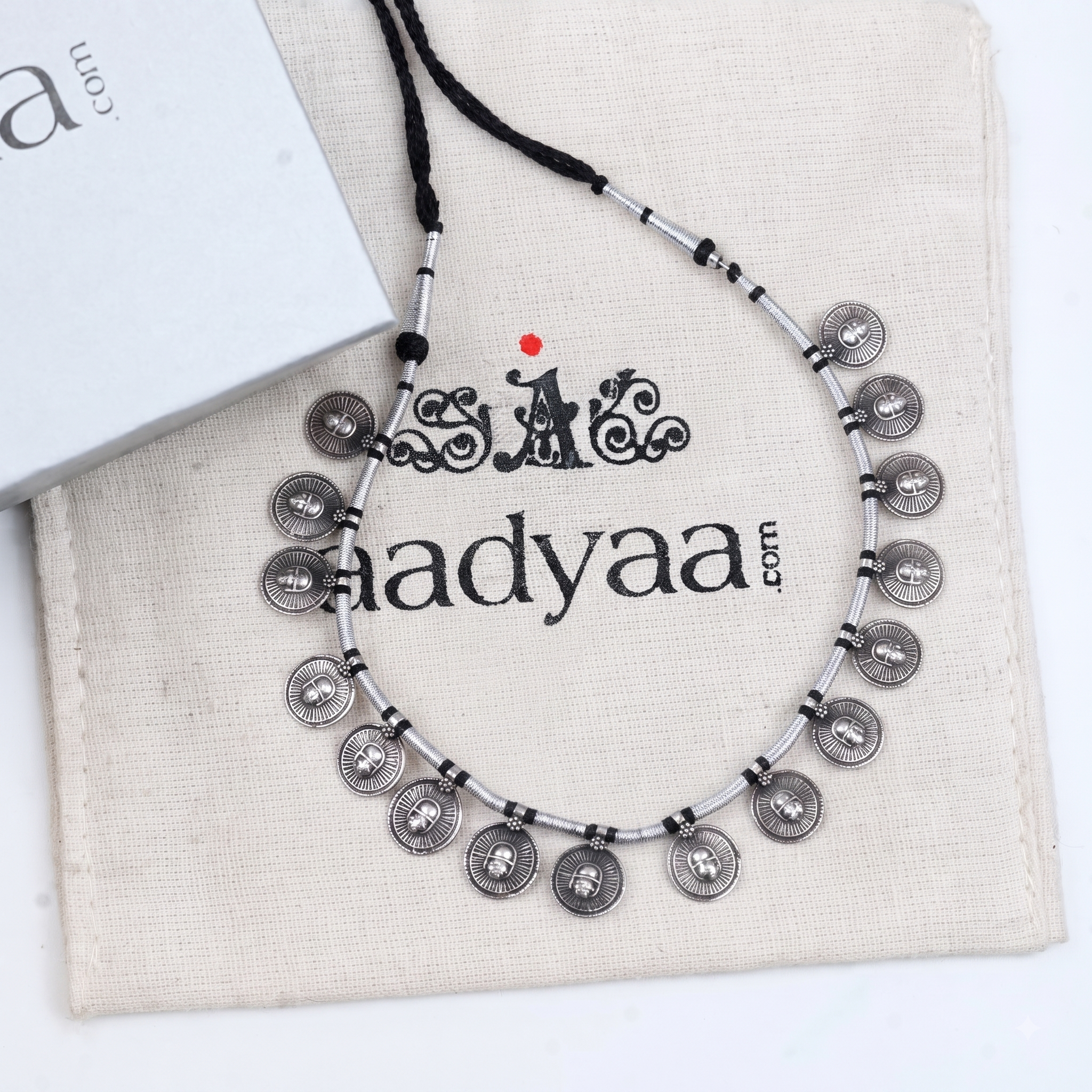 Silver Oxidised Coin Putali Necklace with Black Thread
