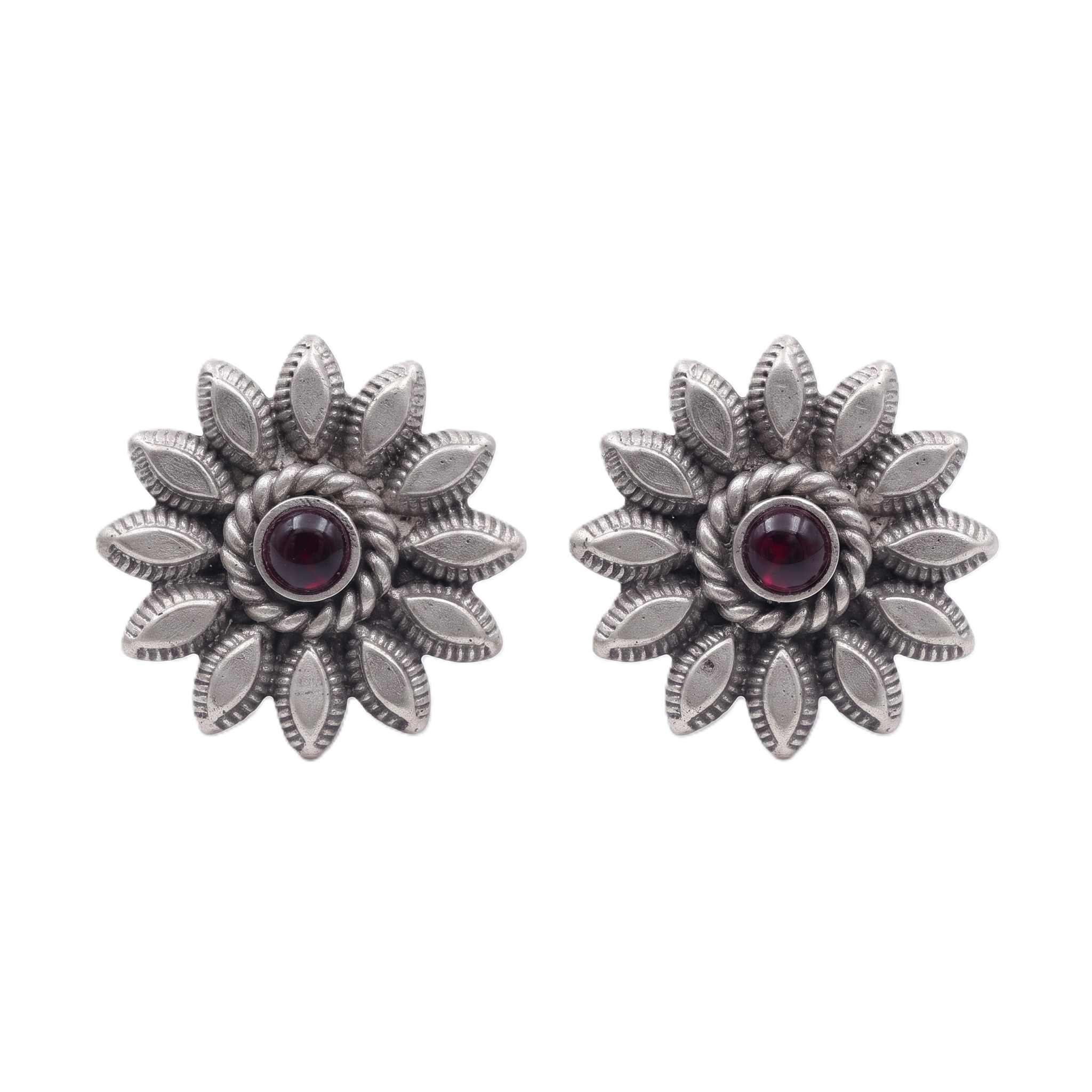 Petal with Pink Stone Silver Earrings