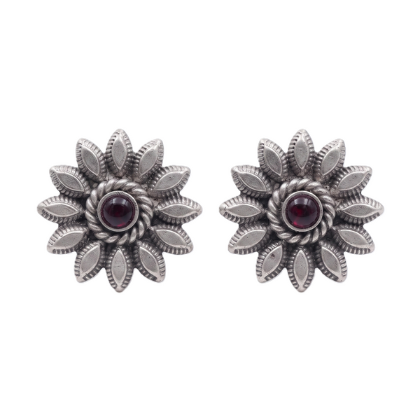 Petal with Pink Stone Silver Earrings