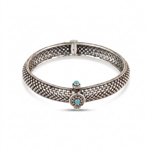Silver Oxidised Textured Bangle with Blue Stone
