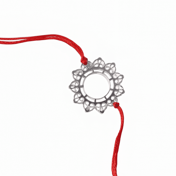 Big Filigree Silver Rakhi front view in 92.5 sterling silver with intricate filigree craftsmanship