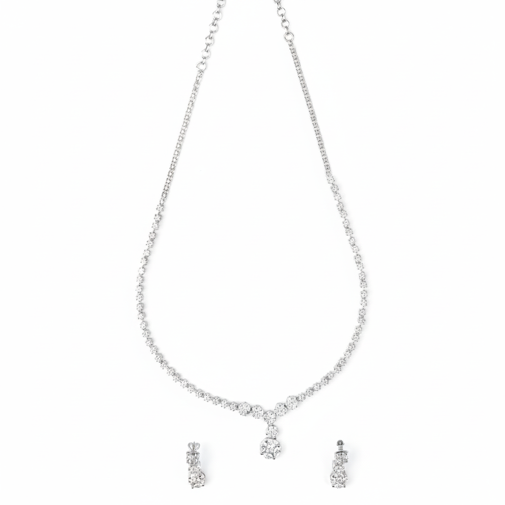 Silver CZ necklace and earrings set with sparkling cubic zirconia stones