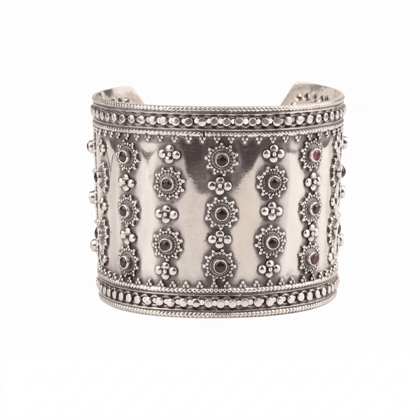 Silver Oxidised Statement Bracelet with Pink Stone