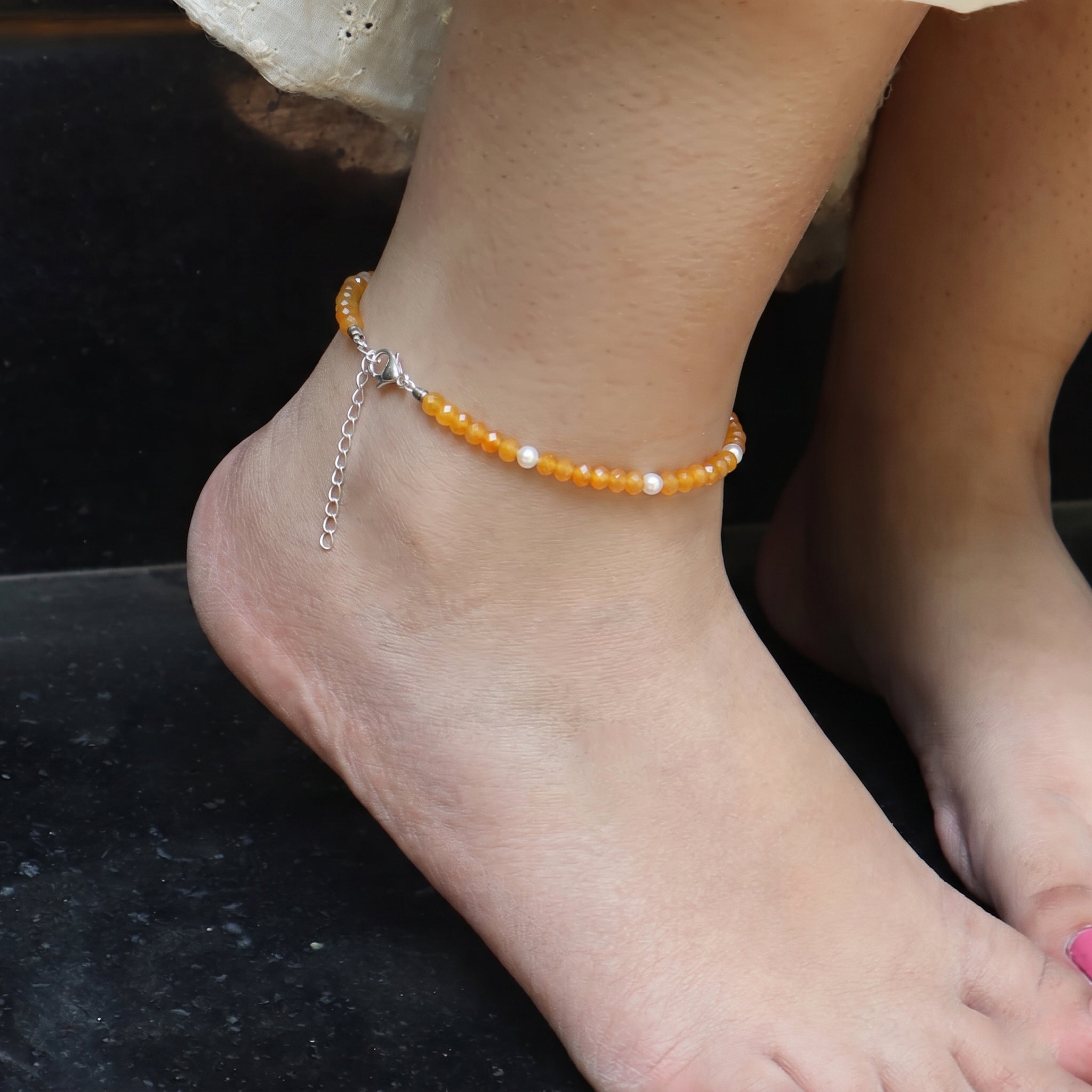 Yellow Jade and Pearl Anklet | 92.5 Sterling Silver