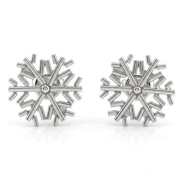 Silver snowflake earrings on white background