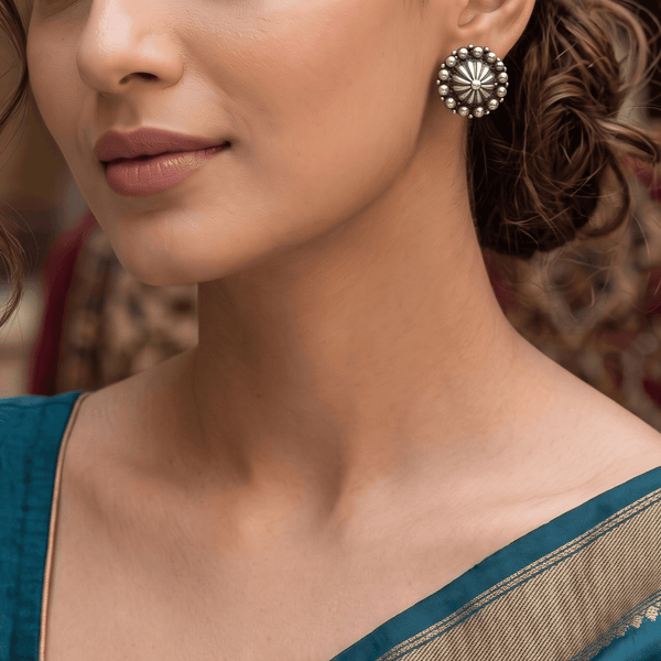 Model wearing Silver Oxidized Dome Earrings for a timeless ethnic and everyday jewellery look
