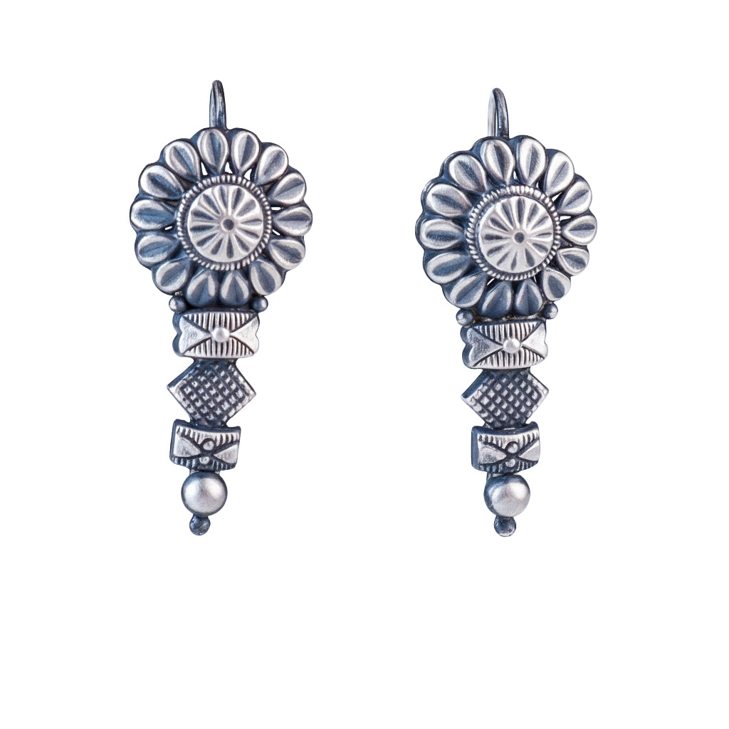 Oxidized Tribal Flower Drop Earrings