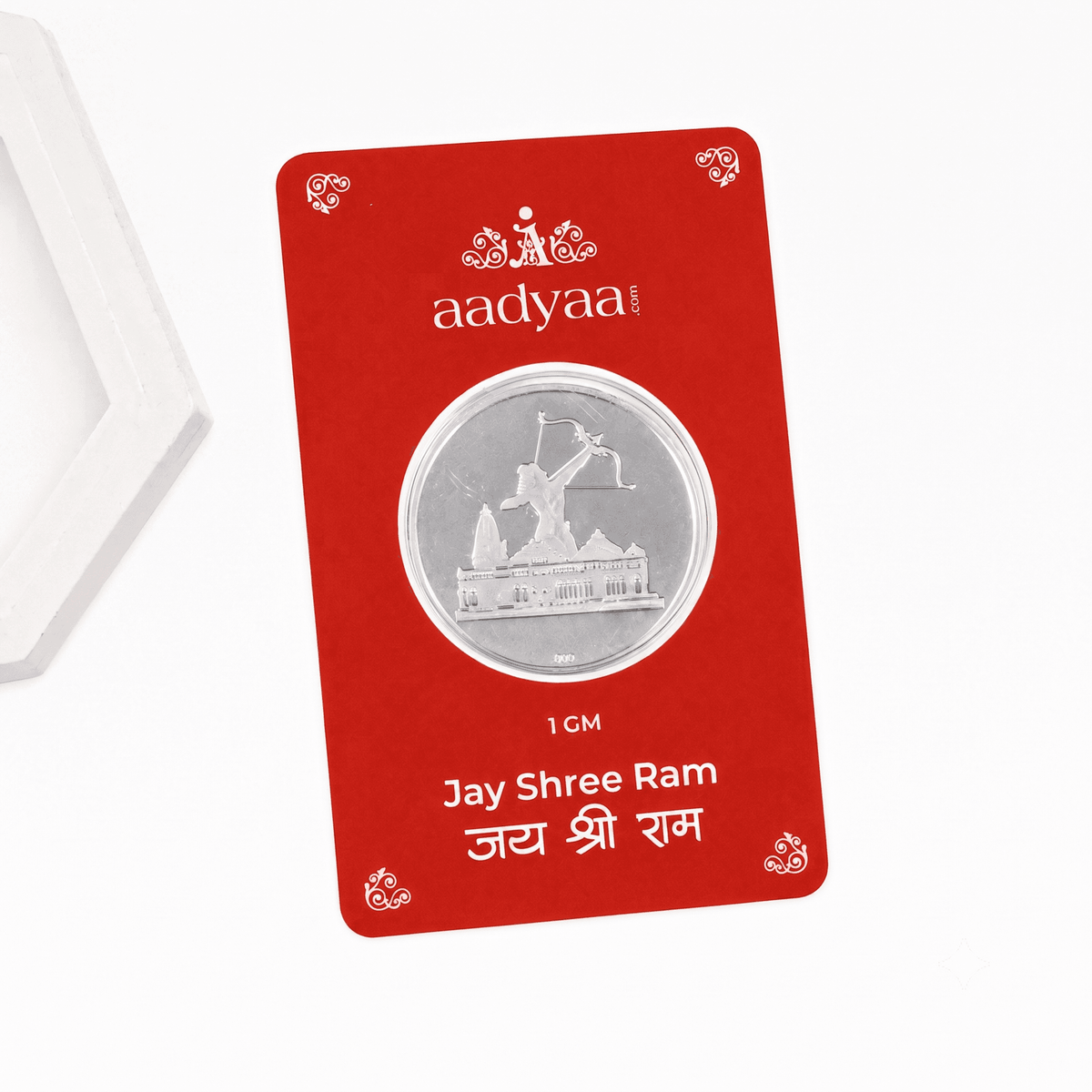Angled view of Jay Shri Ram Silver Coin (1 gm) in 92.5 sterling silver with premium finish