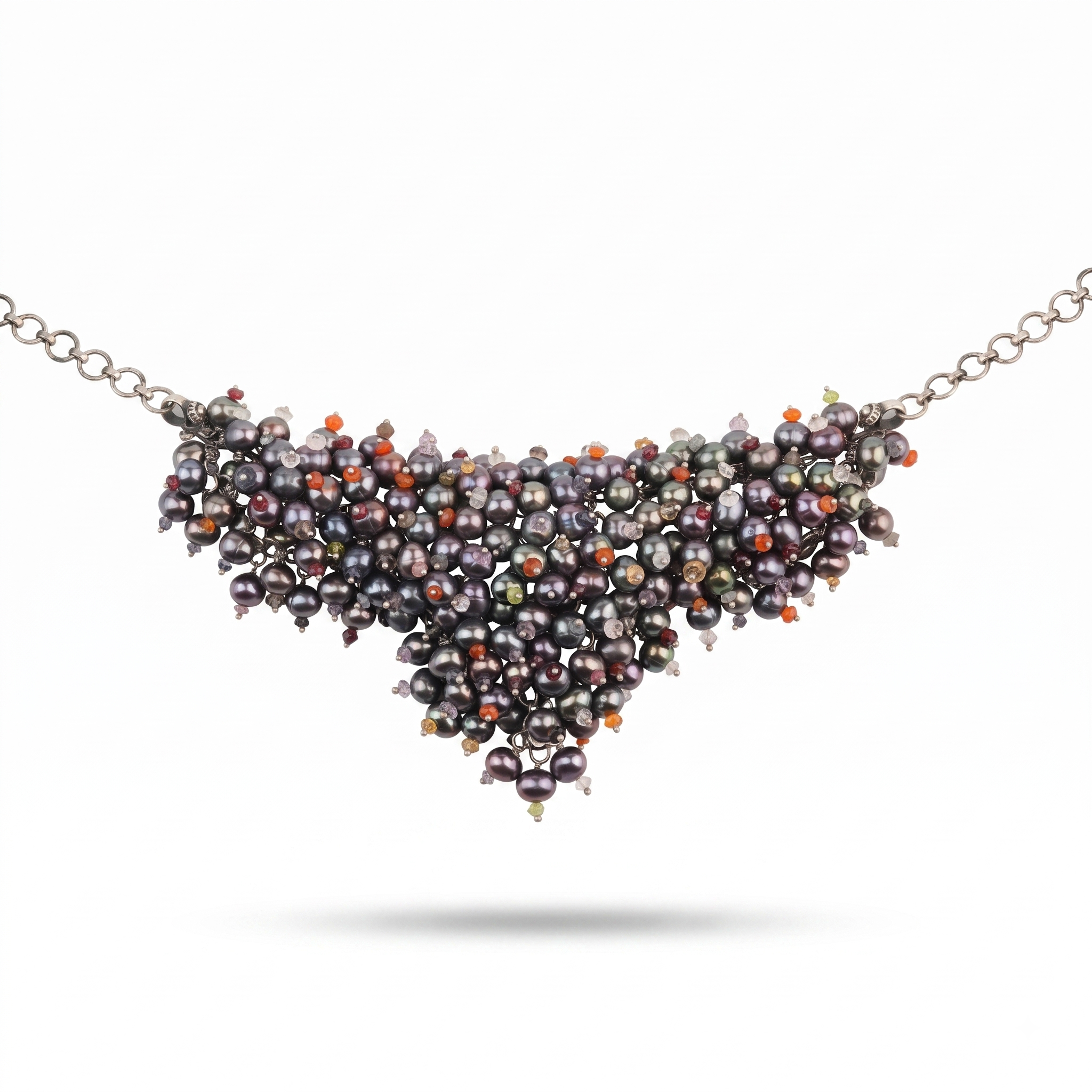 Silver Statement Necklace with Black Baroque Pearls & Semi-Precious Stones
