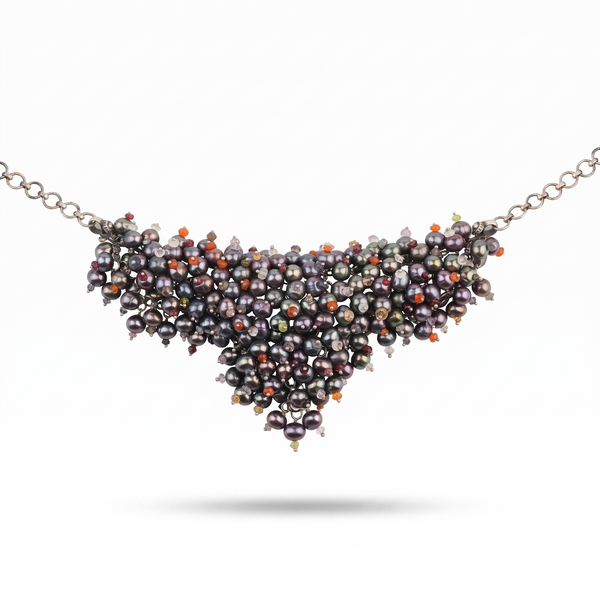 Silver Statement Necklace with Black Baroque Pearls & Semi-Precious Stones