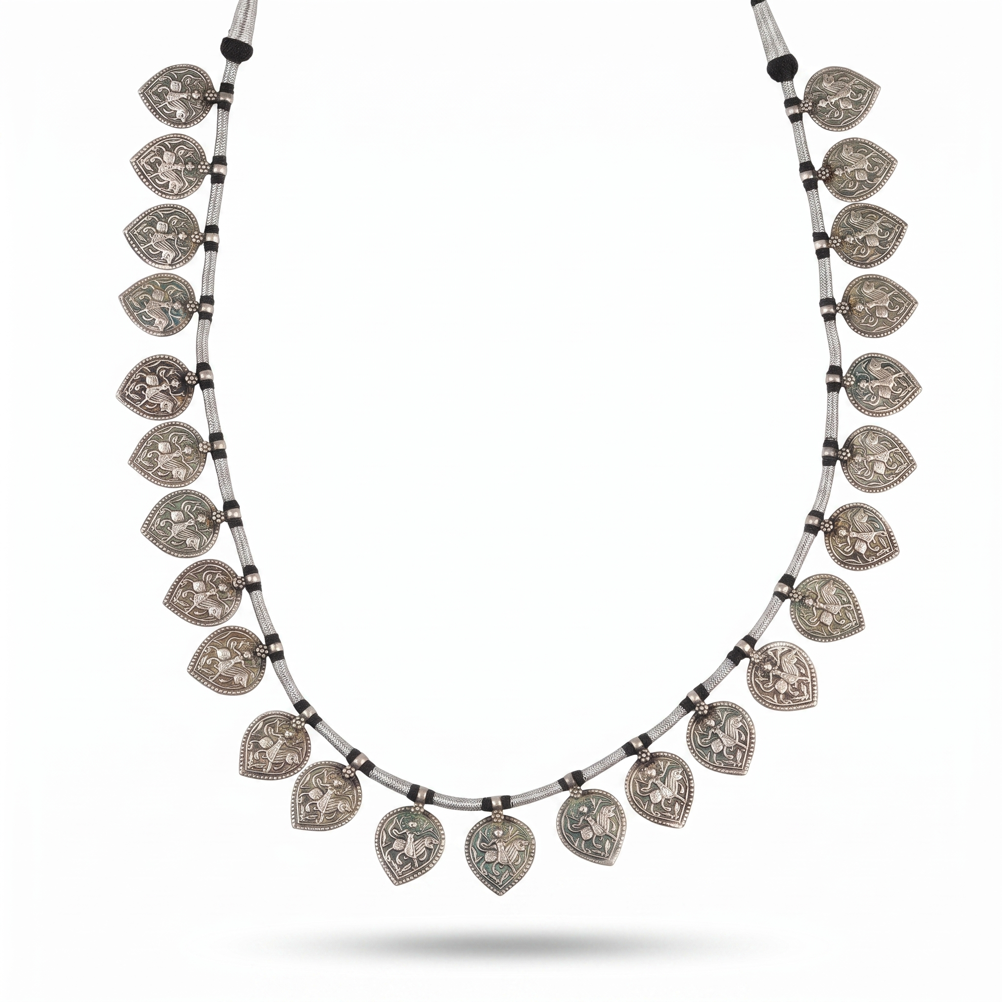 Silver Oxidised Leaf-Shaped Putali Necklace with Black Thread