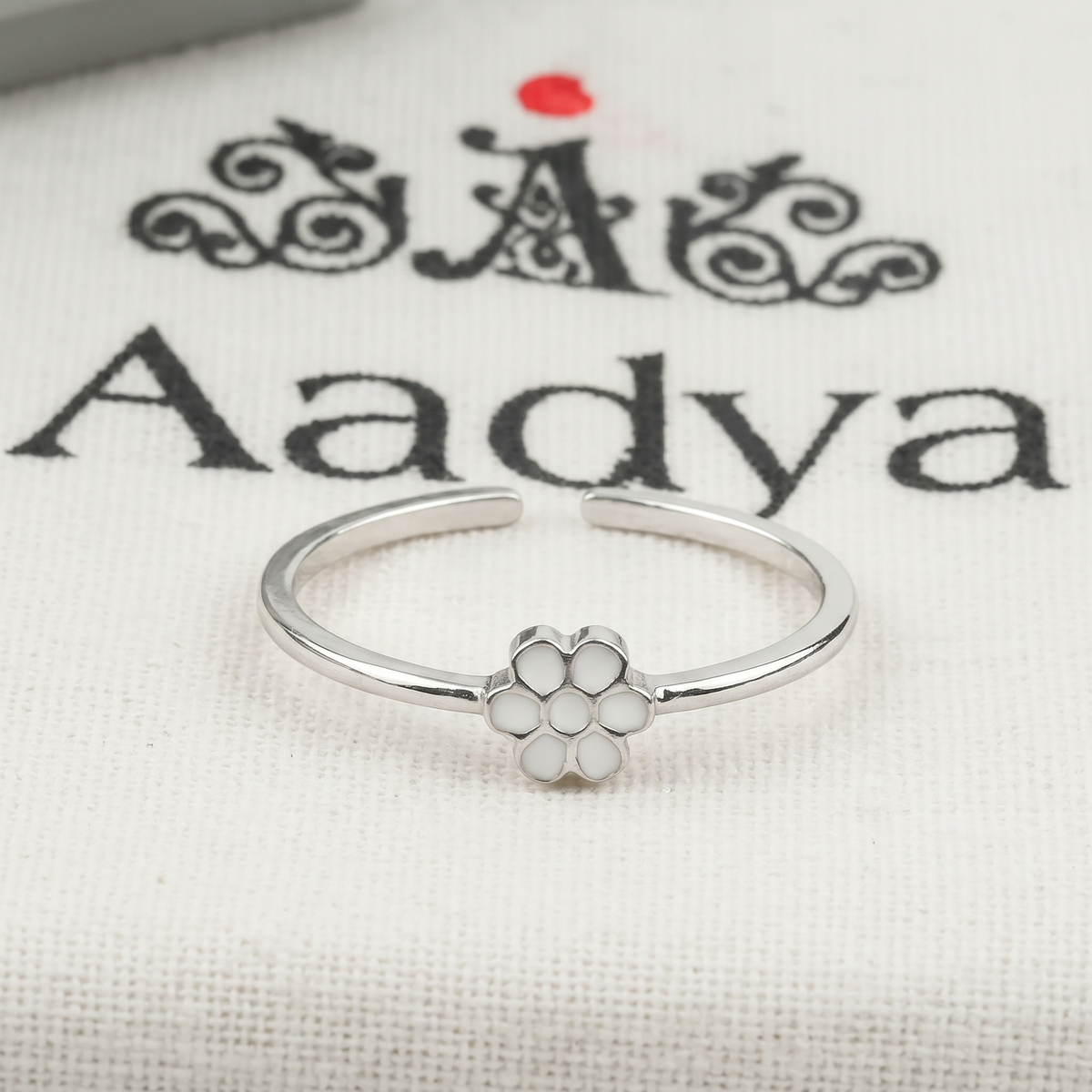 White Flower Enamel Silver Ring