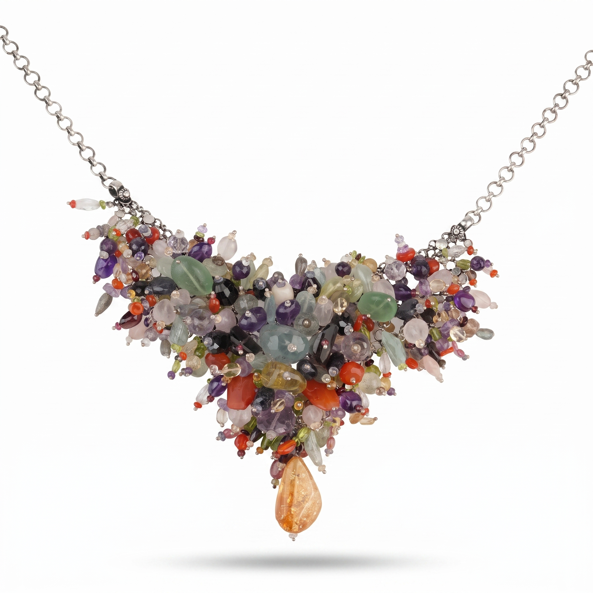 Silver Statement Necklace with Multicolour Stones