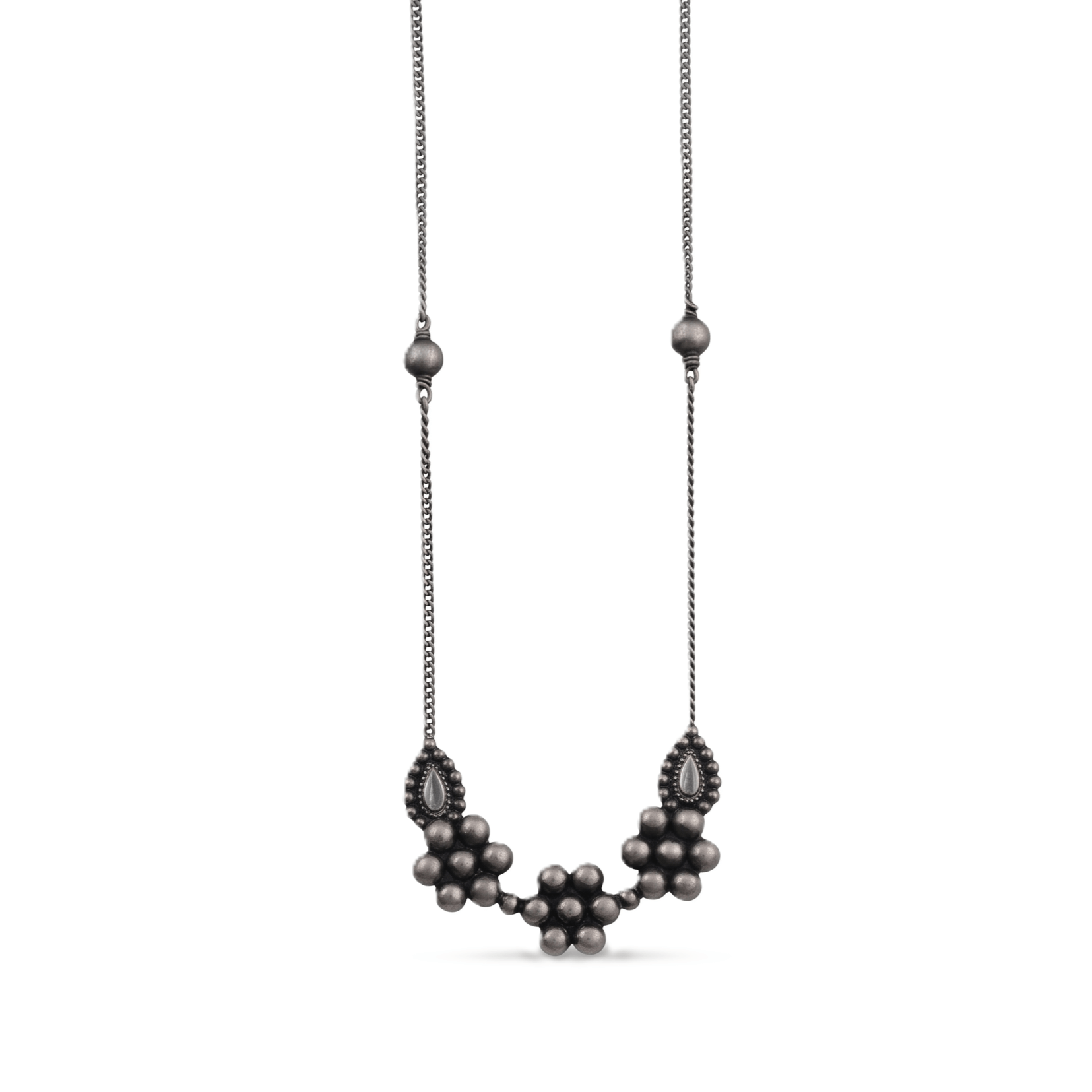 Sterling silver necklace with bead and teardrop pendant design