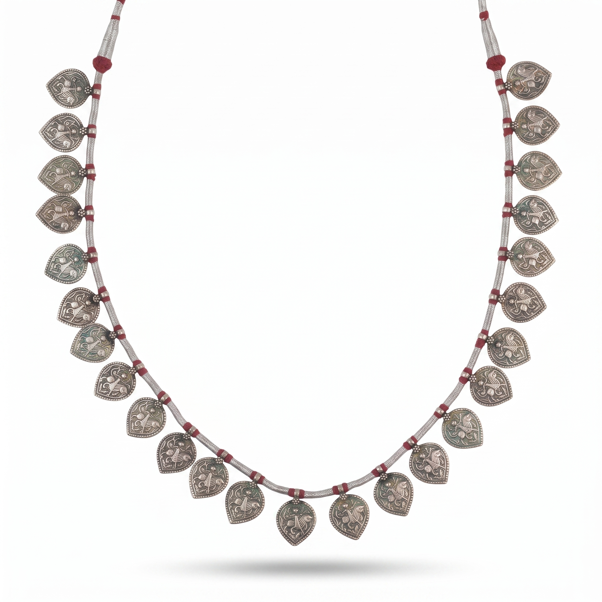 Silver Oxidised Leaf-Shaped Putali Necklace with Red Thread