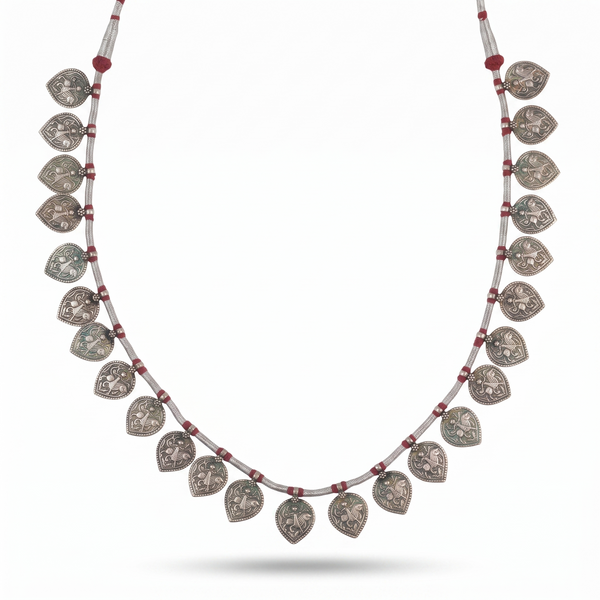 Silver Oxidised Leaf-Shaped Putali Necklace with Red Thread