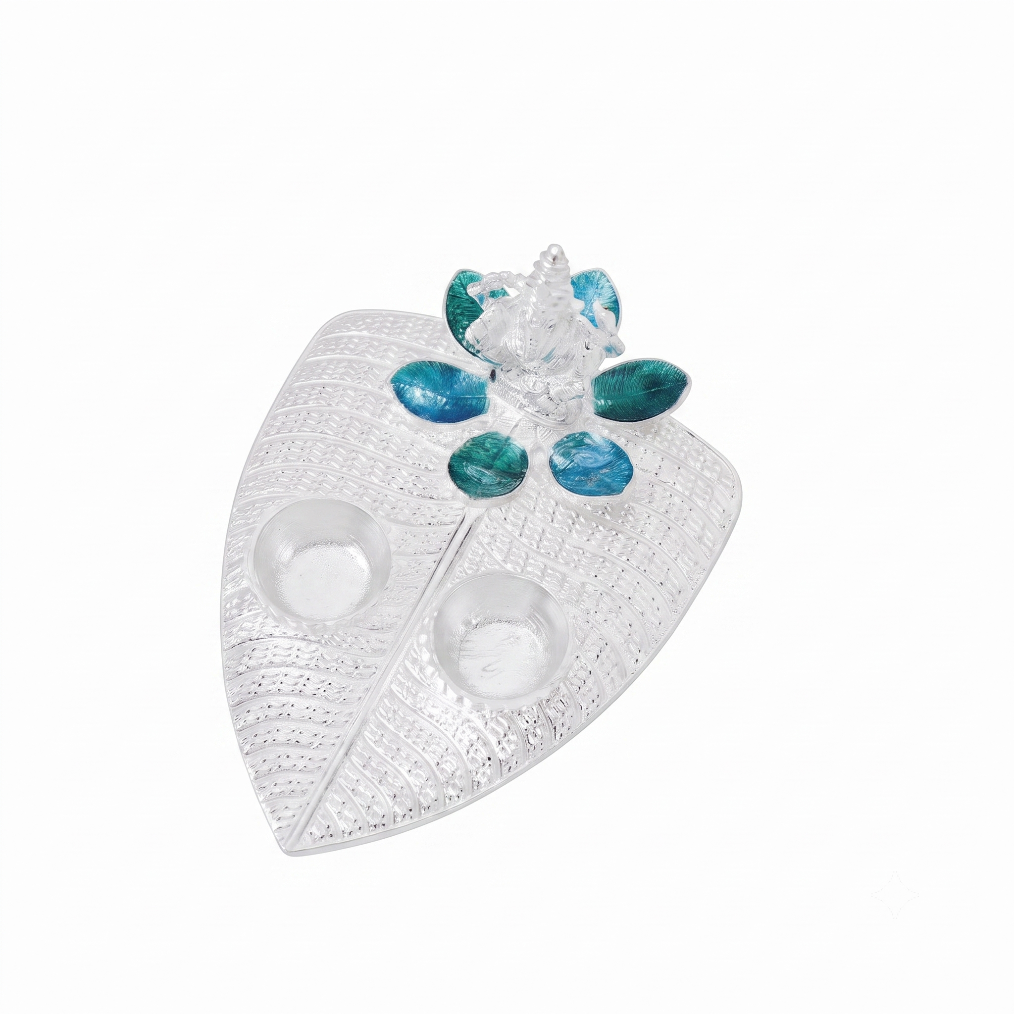 Silver Plated Diya / Karanda (Blue and Green Enamel)