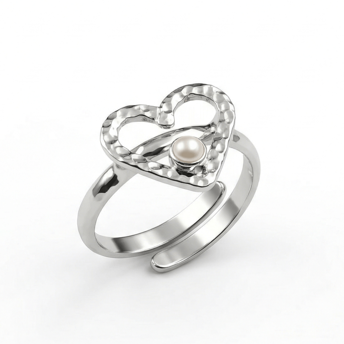 Silver heart pearl ring with infinity design