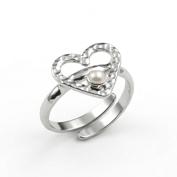 Silver heart pearl ring with infinity design