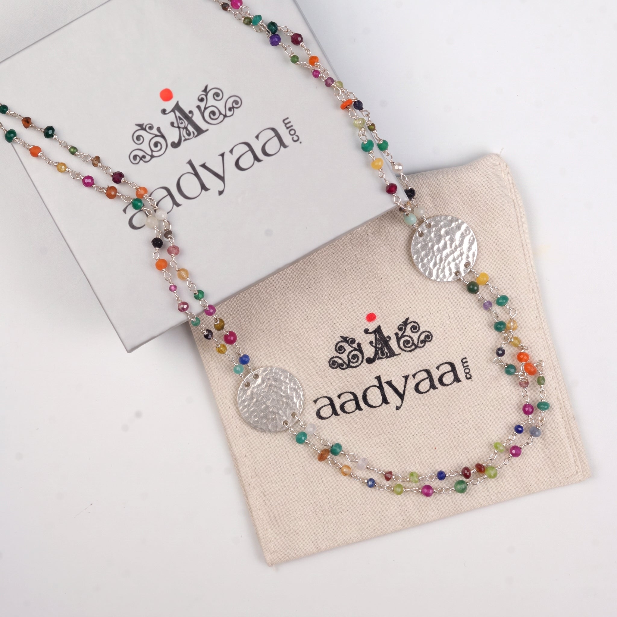 Coin Necklace with Multicolour Semi-Precious Stones – Long