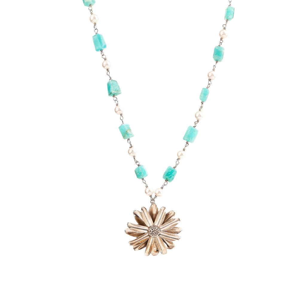 Silver Soorajmukhi Pendant Blue Amezonite Stones