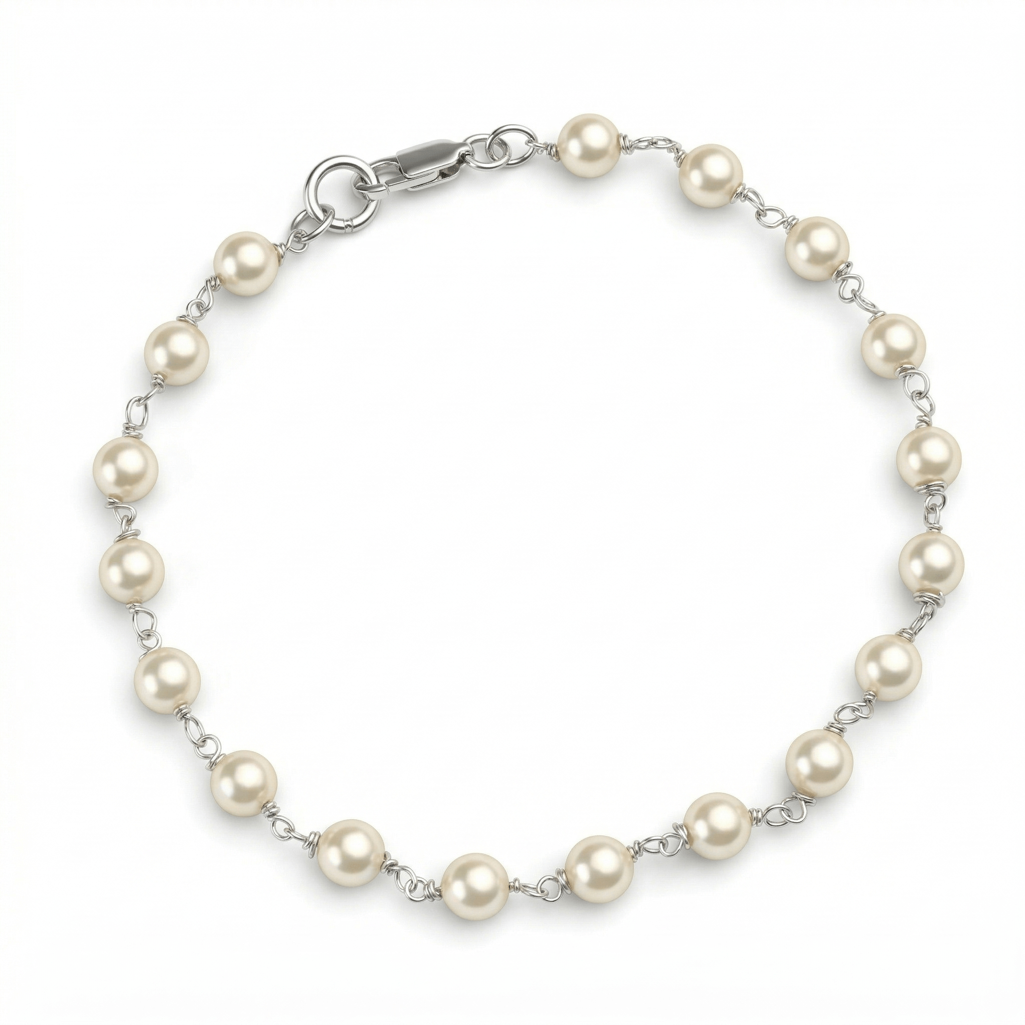 Silver pearl bracelet with round pearls and chain links