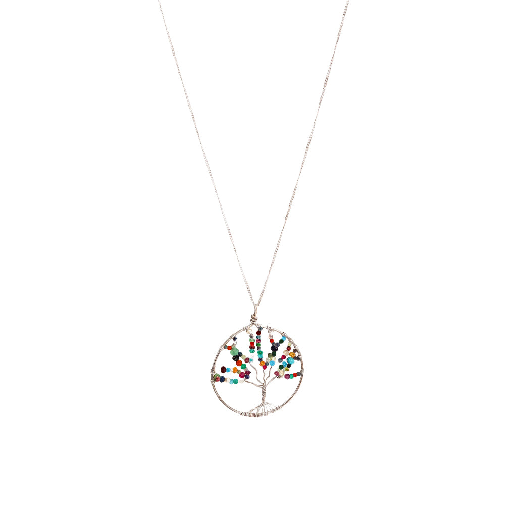 Tree of life multicolour semi precious stone necklace in 92.5 sterling silver