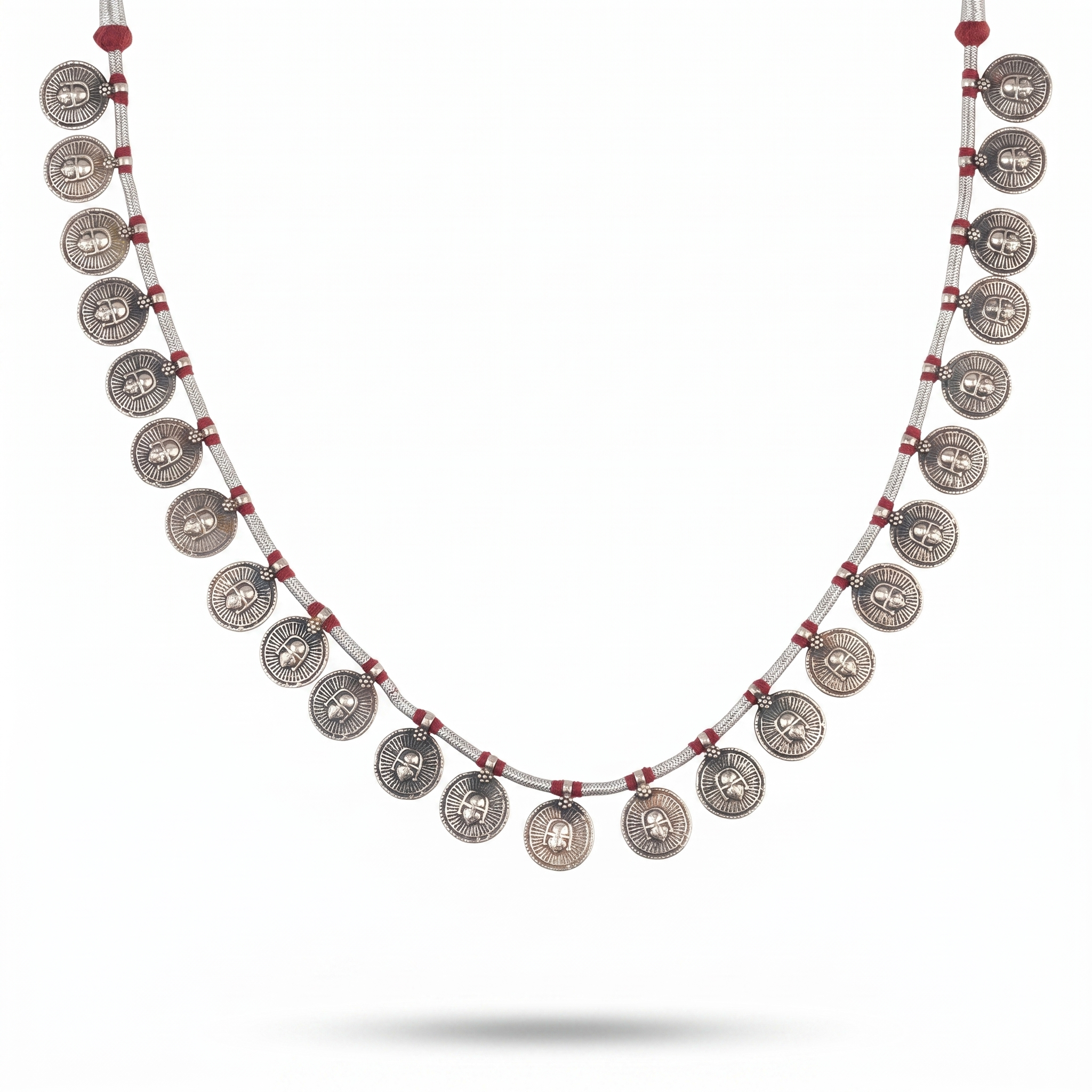 Silver Oxidised Coin Putali Necklace with Red Thread