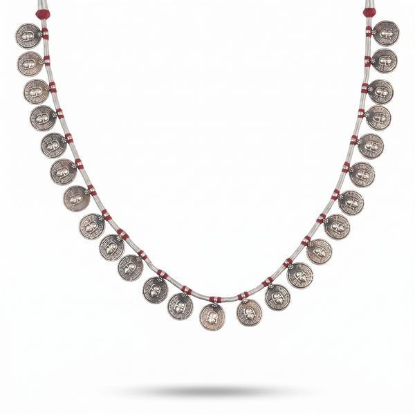 Silver Oxidised Coin Putali Necklace with Red Thread