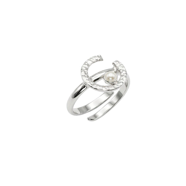 Silver semi-circle pearl ring with textured band