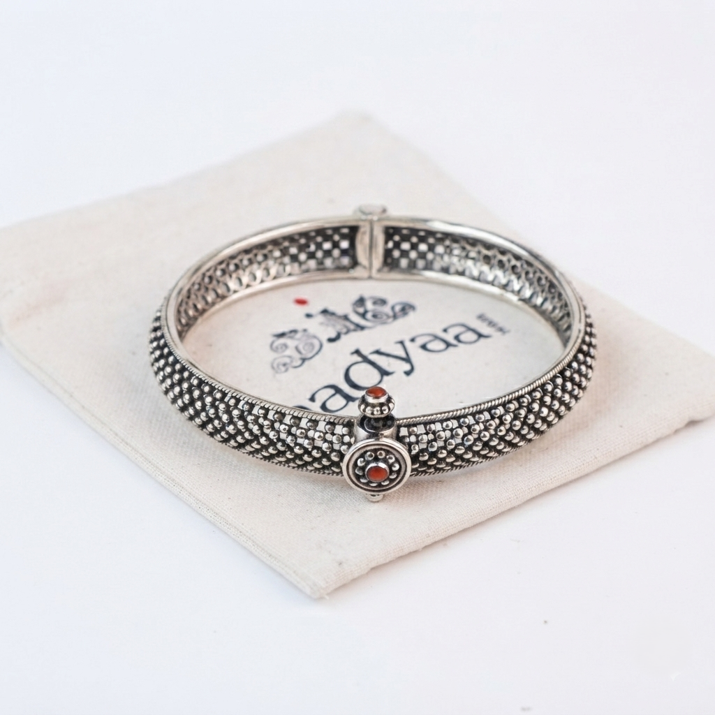 Silver Oxidised Textured Bangle with Red Stone