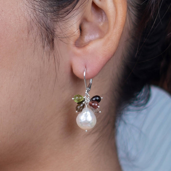 Model wearing Tourmaline Bunch & Pearl Silver Earrings in 92.5 sterling silver for an elegant handcrafted jewellery look