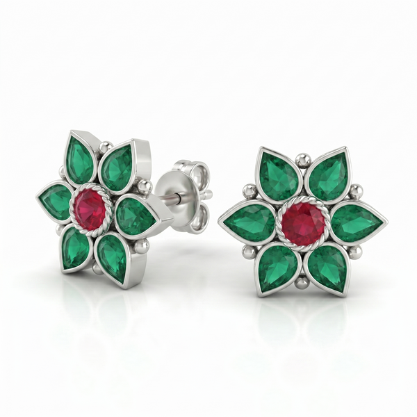 Silver Green Nakshatra Flower Earring