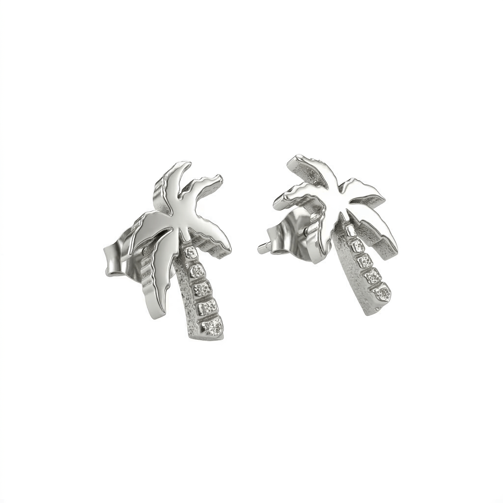 Silver palm tree stud earrings with embedded crystals
